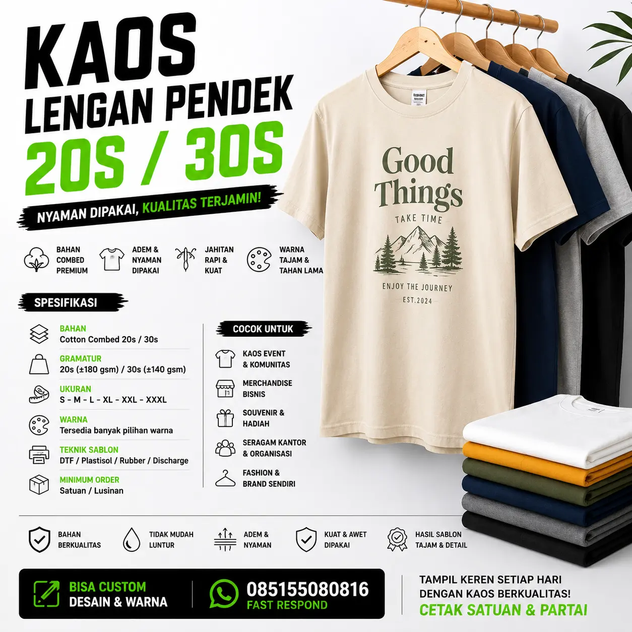 Kaos Lengan Pendek 20s (S-XXXL) Putih/Warna